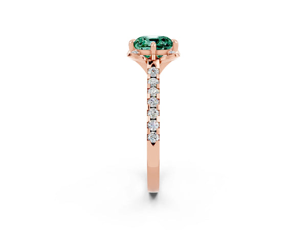 Rose gold Cushion Cut Green Sapphire Ring with Pavé Band and Floral Prong Setting