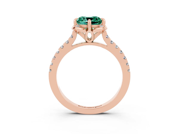 Rose gold Cushion Cut Green Sapphire Ring with Pavé Band and Floral Prong Setting