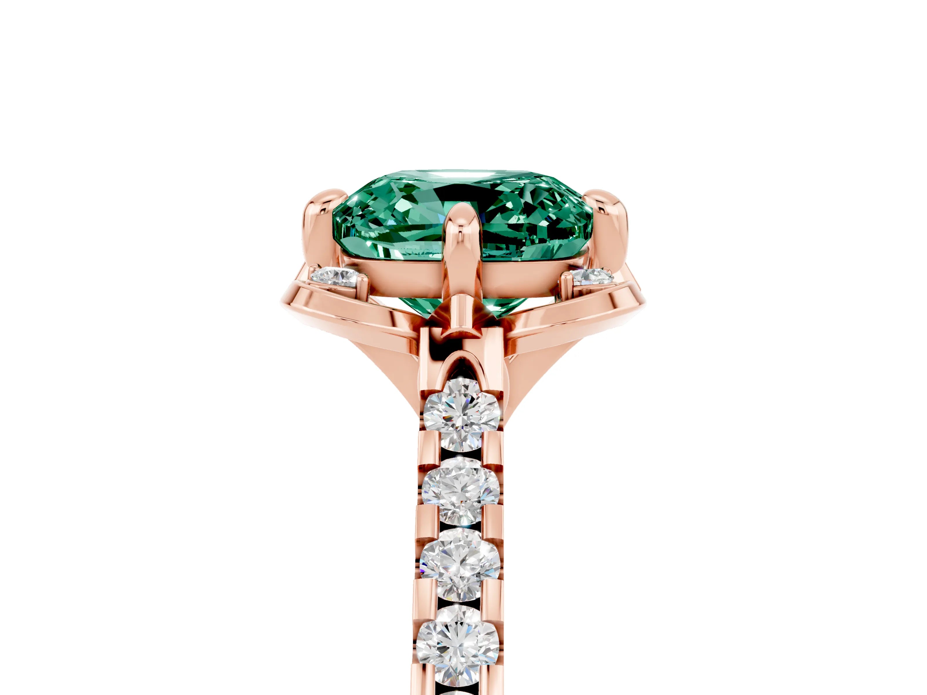Rose gold Cushion Cut Green Sapphire Ring with Pavé Band and Floral Prong Setting_5
