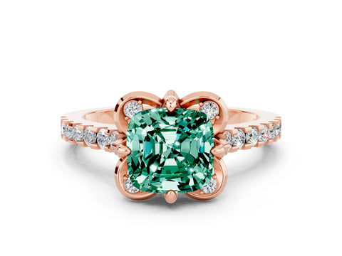Rose gold Cushion Cut Green Sapphire Ring with Pavé Band and Floral Prong Setting