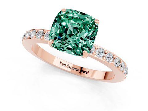 Rose gold Cushion Cut Green Sapphire Ring with Pavé Band and Four-Prong Setting_1