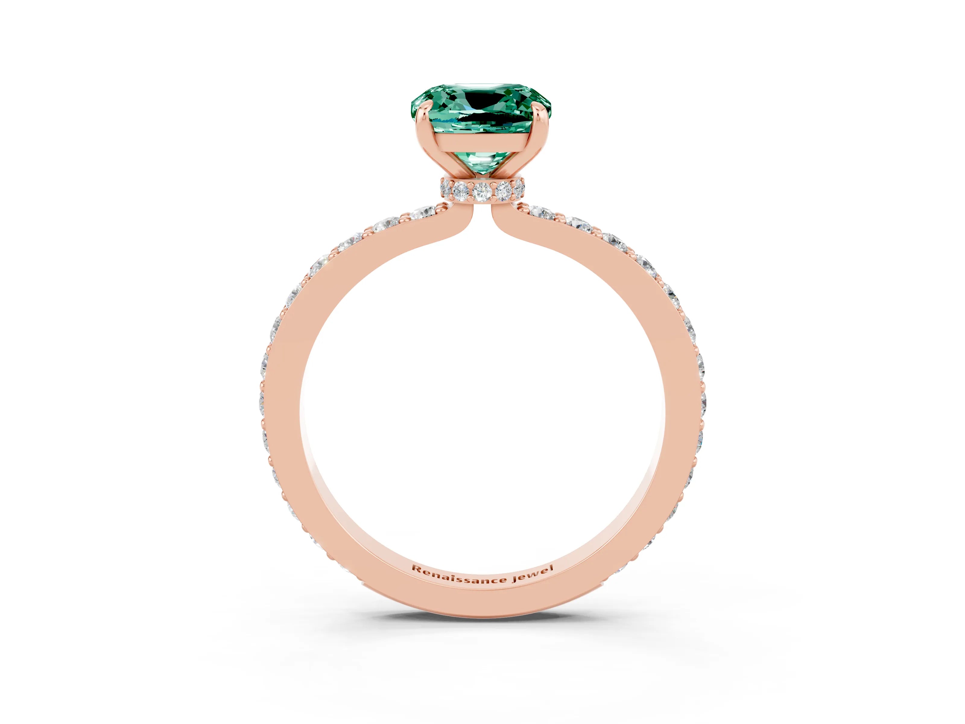 Rose gold Cushion Cut Green Sapphire Ring with Pavé Band and Four-Prong Setting_3