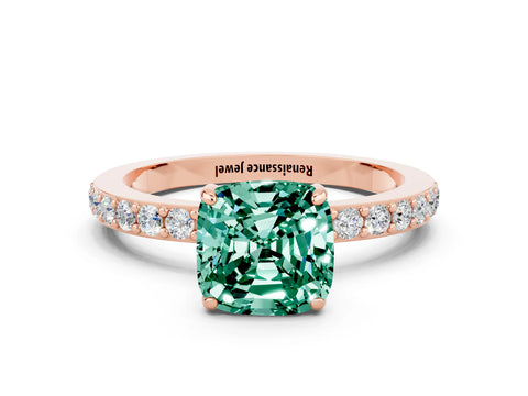 Rose gold Cushion Cut Green Sapphire Ring with Pavé Band and Four-Prong Setting