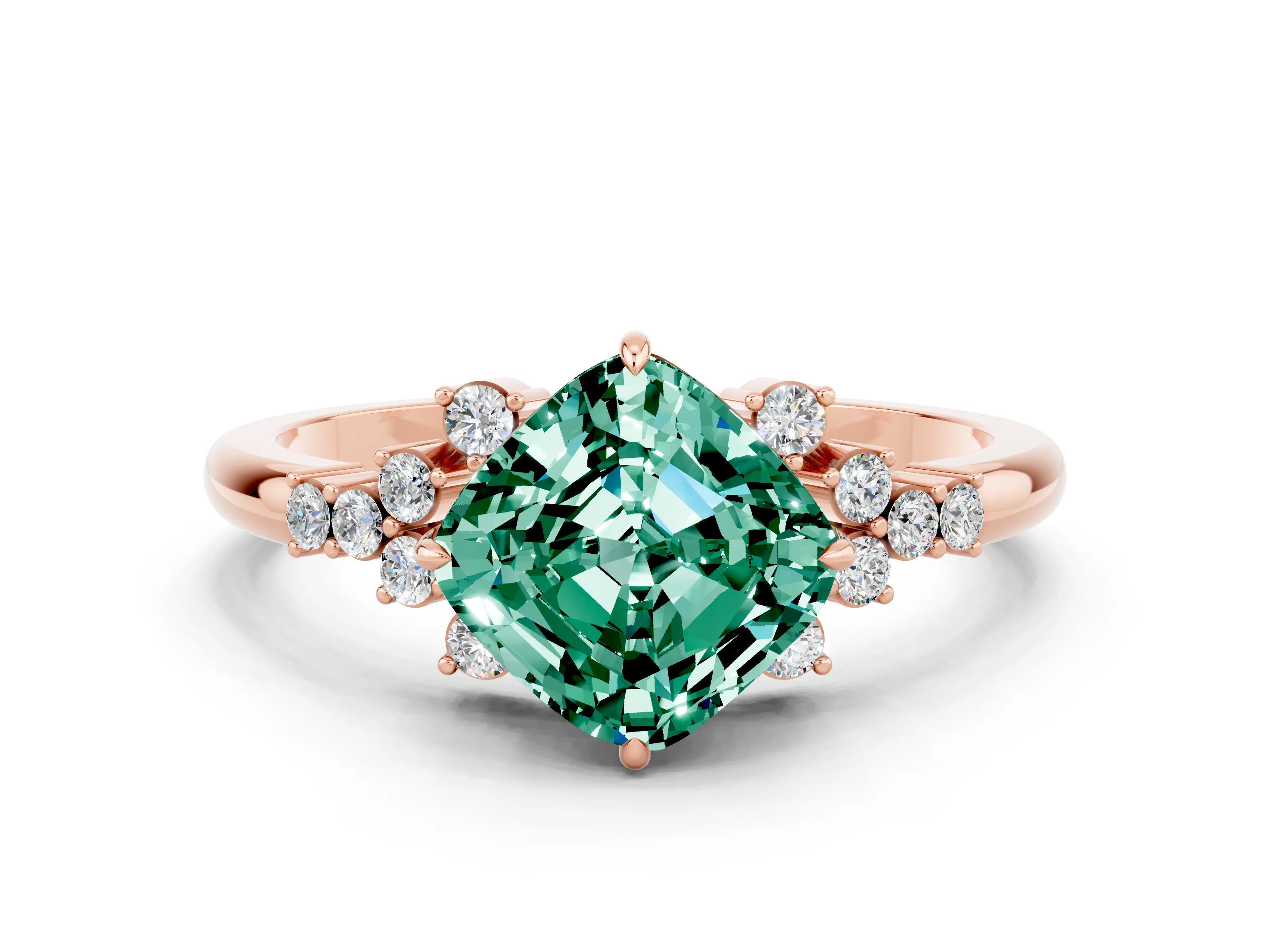 Rose gold Cushion Cut Green Sapphire Ring with Side Stones and Four-Prong Setting_36