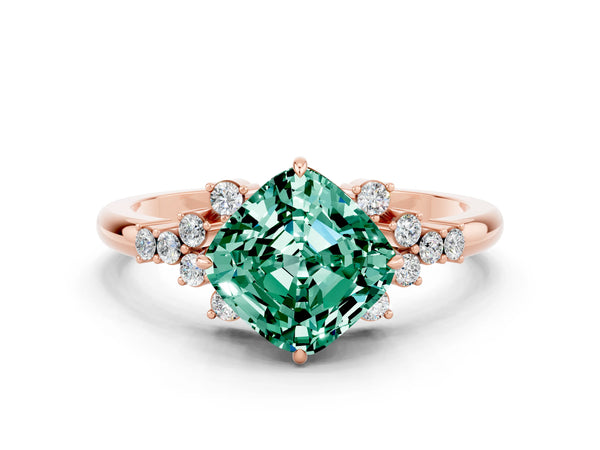 Rose gold Cushion Cut Green Sapphire Ring with Side Stones and Four-Prong Setting