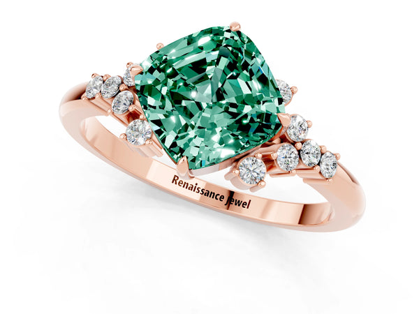 Rose gold Cushion Cut Green Sapphire Ring with Side Stones and Four-Prong Setting