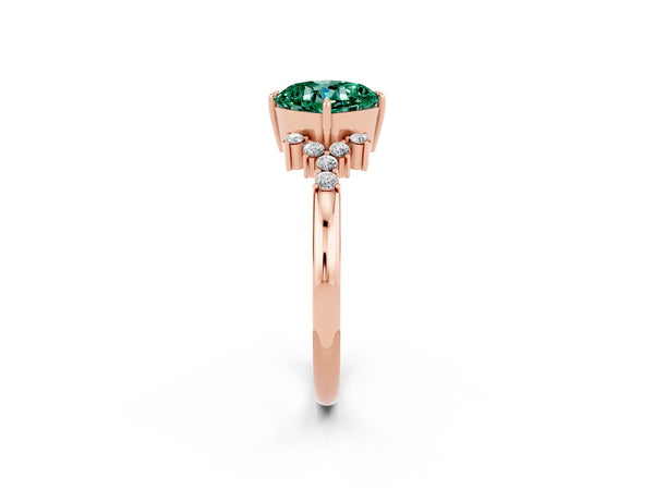 Rose gold Cushion Cut Green Sapphire Ring with Side Stones and Four-Prong Setting
