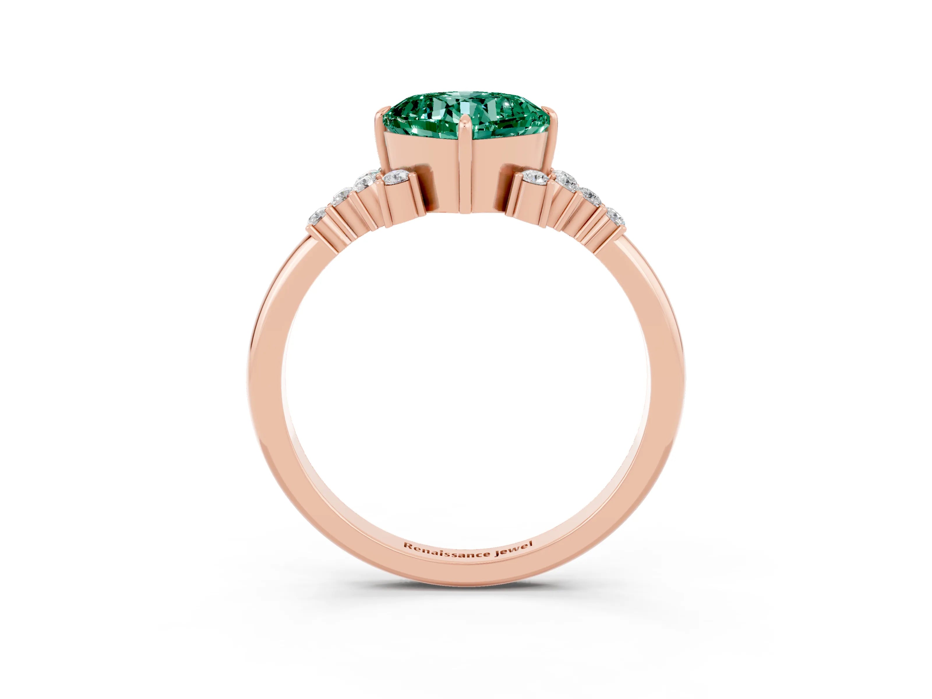 Rose gold Cushion Cut Green Sapphire Ring with Side Stones and Four-Prong Setting_39