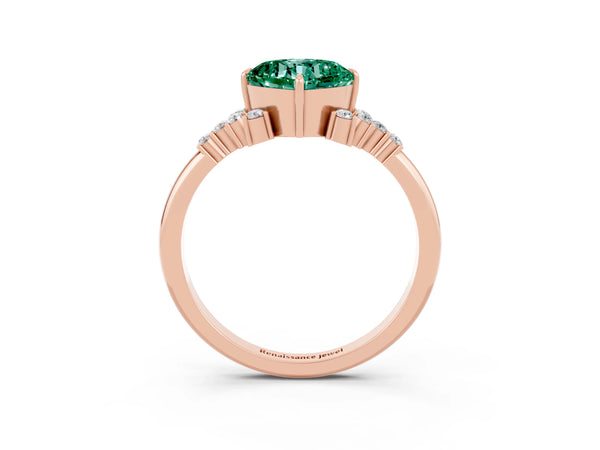 Rose gold Cushion Cut Green Sapphire Ring with Side Stones and Four-Prong Setting