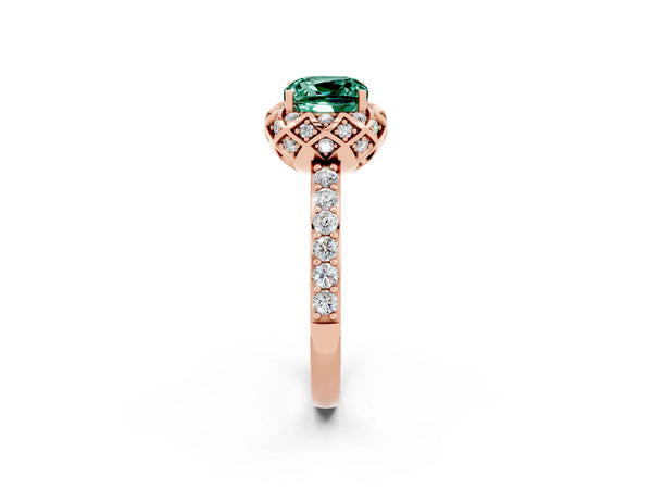 Rose gold Cushion Cut Green Sapphire Scalloped Halo Engagement Ring with Round Shared Prong Band