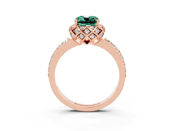 Rose gold Cushion Cut Green Sapphire Scalloped Halo Engagement Ring with Round Shared Prong Band