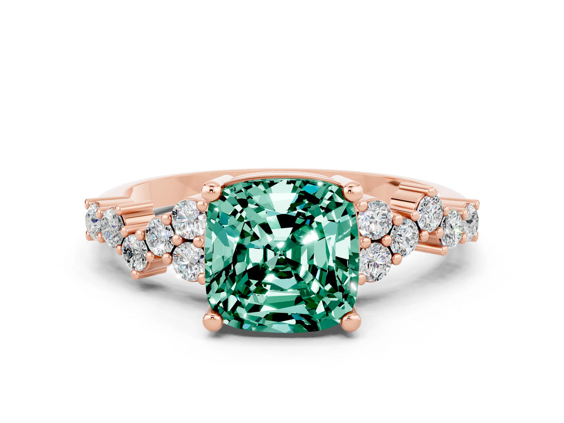 Rose gold Cushion Cut Green Sapphire Scattered Round Accent Ring with Prong Setting_24