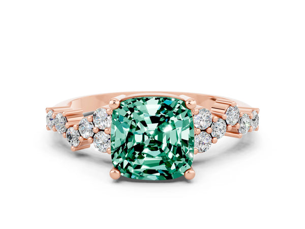 Rose gold Cushion Cut Green Sapphire Scattered Round Accent Ring with Prong Setting