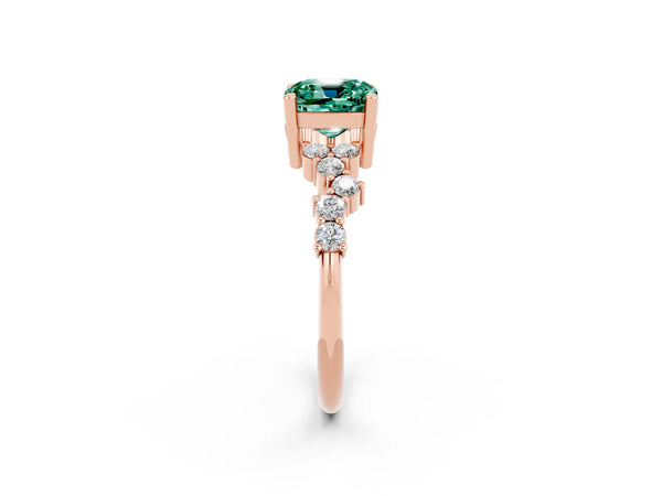 Rose gold Cushion Cut Green Sapphire Scattered Round Accent Ring with Prong Setting