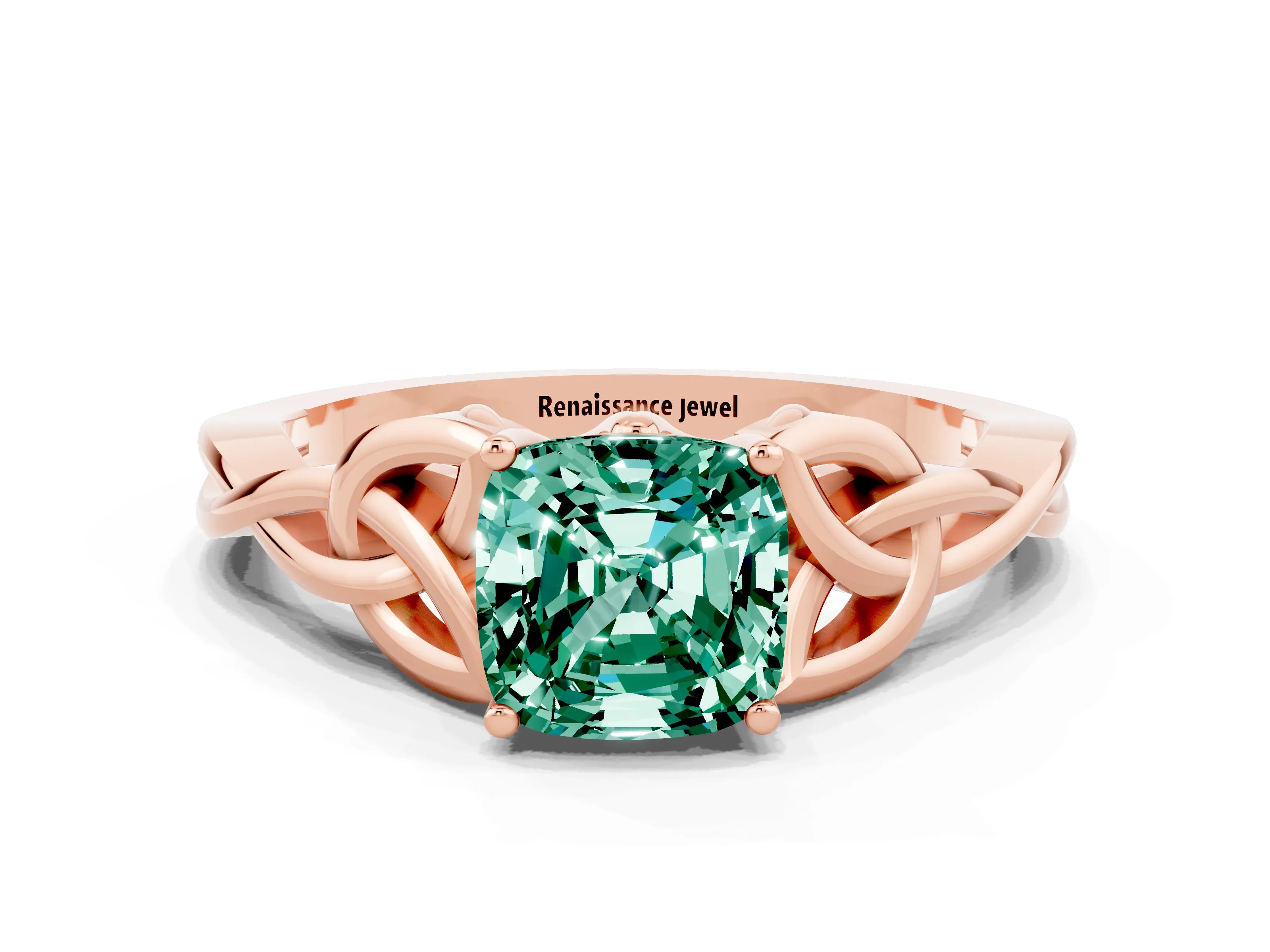 Rose gold Cushion Cut Green Sapphire Solitaire Celtic Knot Ring with Four-Prong Setting_12