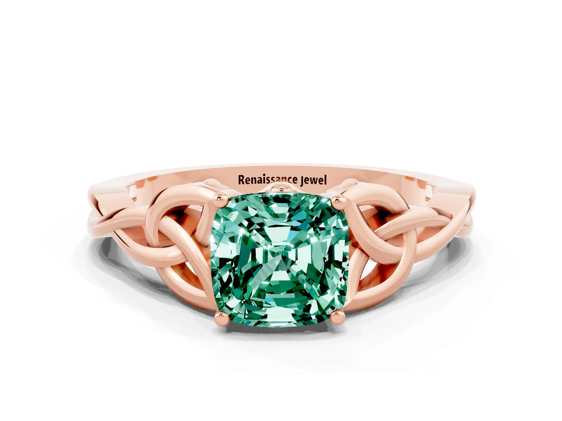 Rose gold Cushion Cut Green Sapphire Solitaire Celtic Knot Ring with Four-Prong Setting_12
