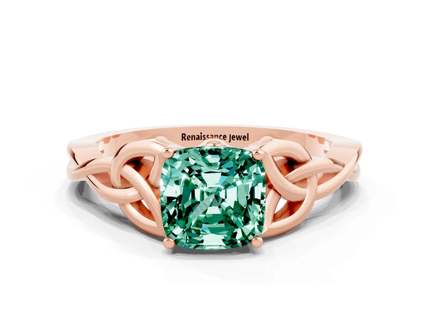 Rose gold Cushion Cut Green Sapphire Solitaire Celtic Knot Ring with Four-Prong Setting