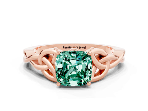 Rose gold Cushion Cut Green Sapphire Solitaire Celtic Knot Ring with Four-Prong Setting_12