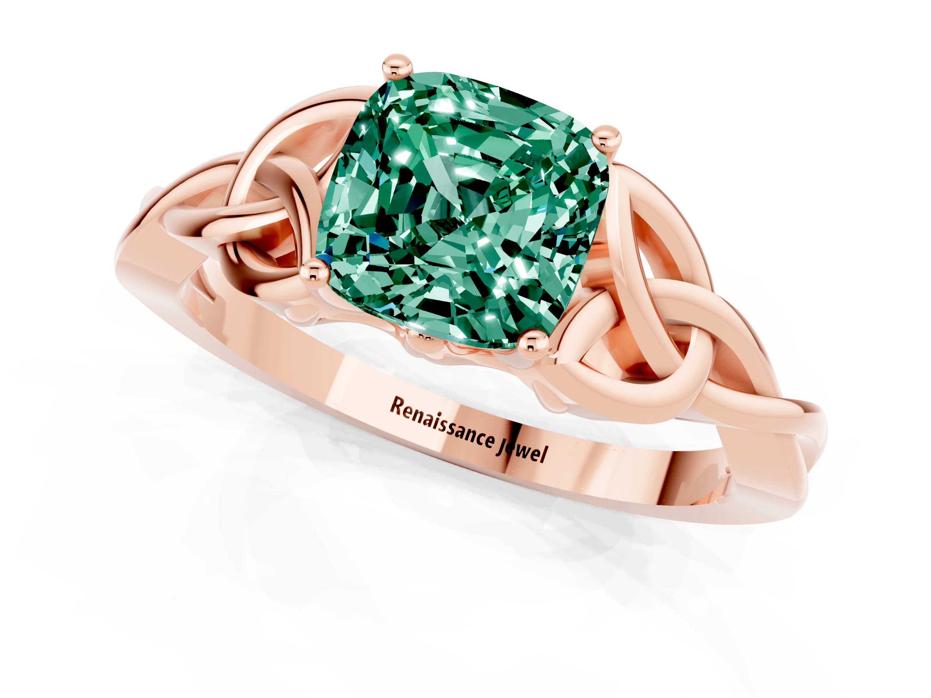 Rose gold Cushion Cut Green Sapphire Solitaire Celtic Knot Ring with Four-Prong Setting_13