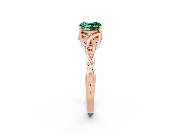 Rose gold Cushion Cut Green Sapphire Solitaire Celtic Knot Ring with Four-Prong Setting