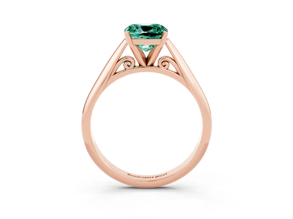 Rose gold Cushion Cut Green Sapphire Solitaire Engagement Ring with Cathedral Setting and Four-Prong Mount