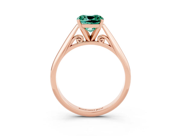 Rose gold Cushion Cut Green Sapphire Solitaire Engagement Ring with Cathedral Setting and Four-Prong Mount