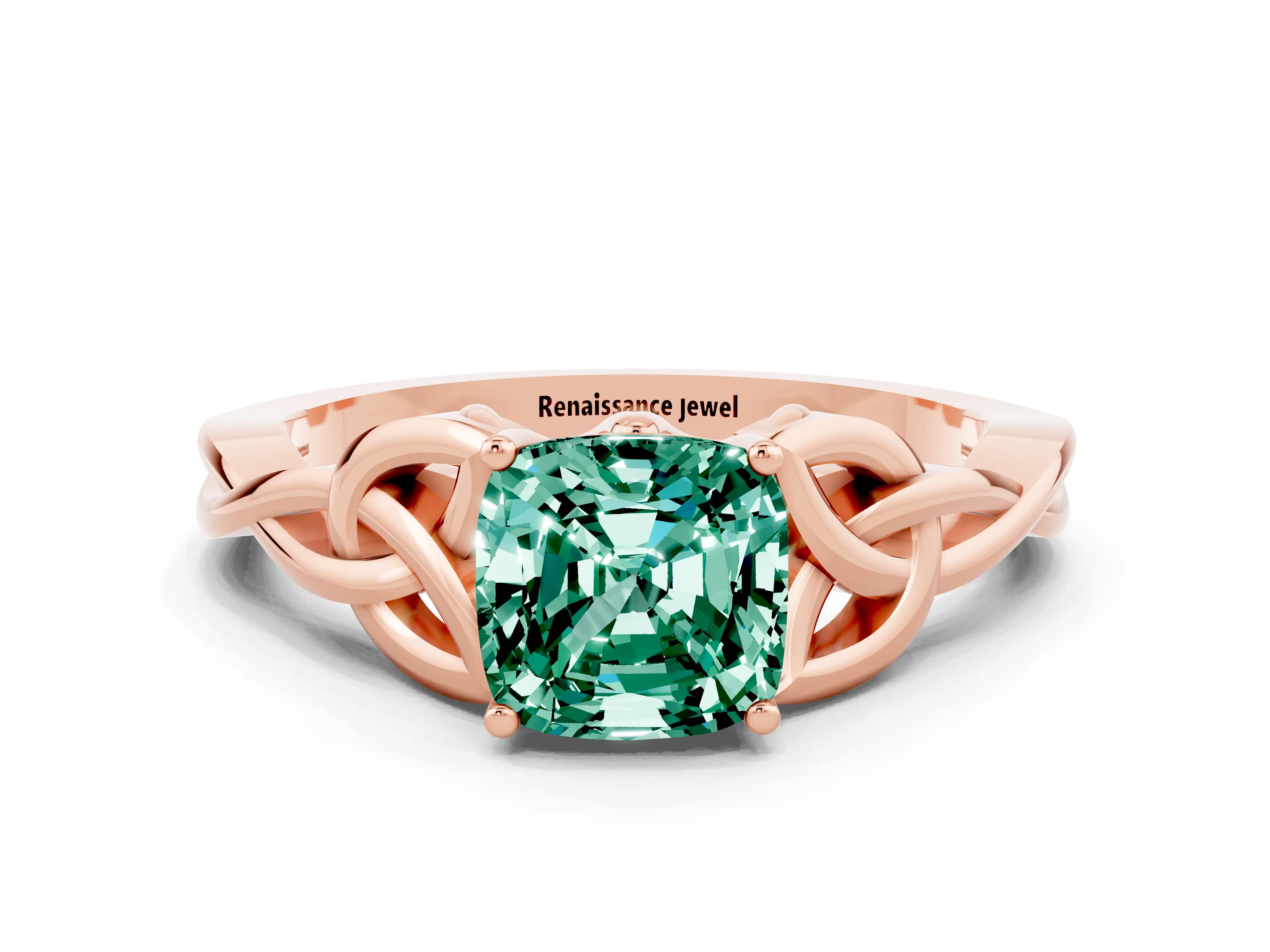 Rose gold Cushion Cut Green Sapphire Solitaire Engagement Ring with Celtic Knot Band and Four-Prong Setting