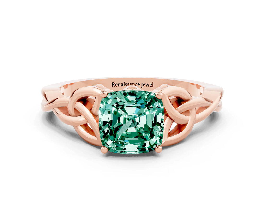 Rose gold Cushion Cut Green Sapphire Solitaire Engagement Ring with Celtic Knot Band and Four-Prong Setting