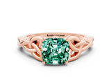 Rose gold Cushion Cut Green Sapphire Solitaire Engagement Ring with Celtic Knot Band and Four-Prong Setting