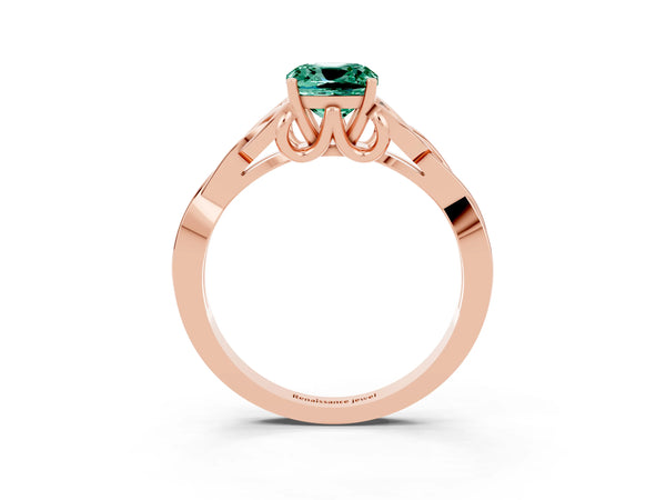 Rose gold Cushion Cut Green Sapphire Solitaire Engagement Ring with Celtic Knot Band and Four-Prong Setting