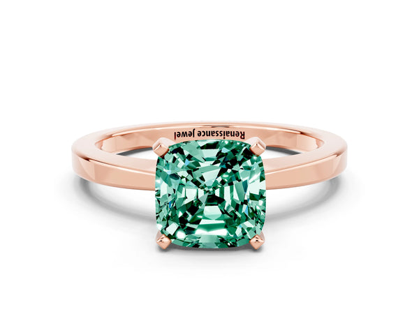 Rose gold Cushion Cut Green Sapphire Solitaire Engagement Ring with Classic Band and Four-Prong Setting