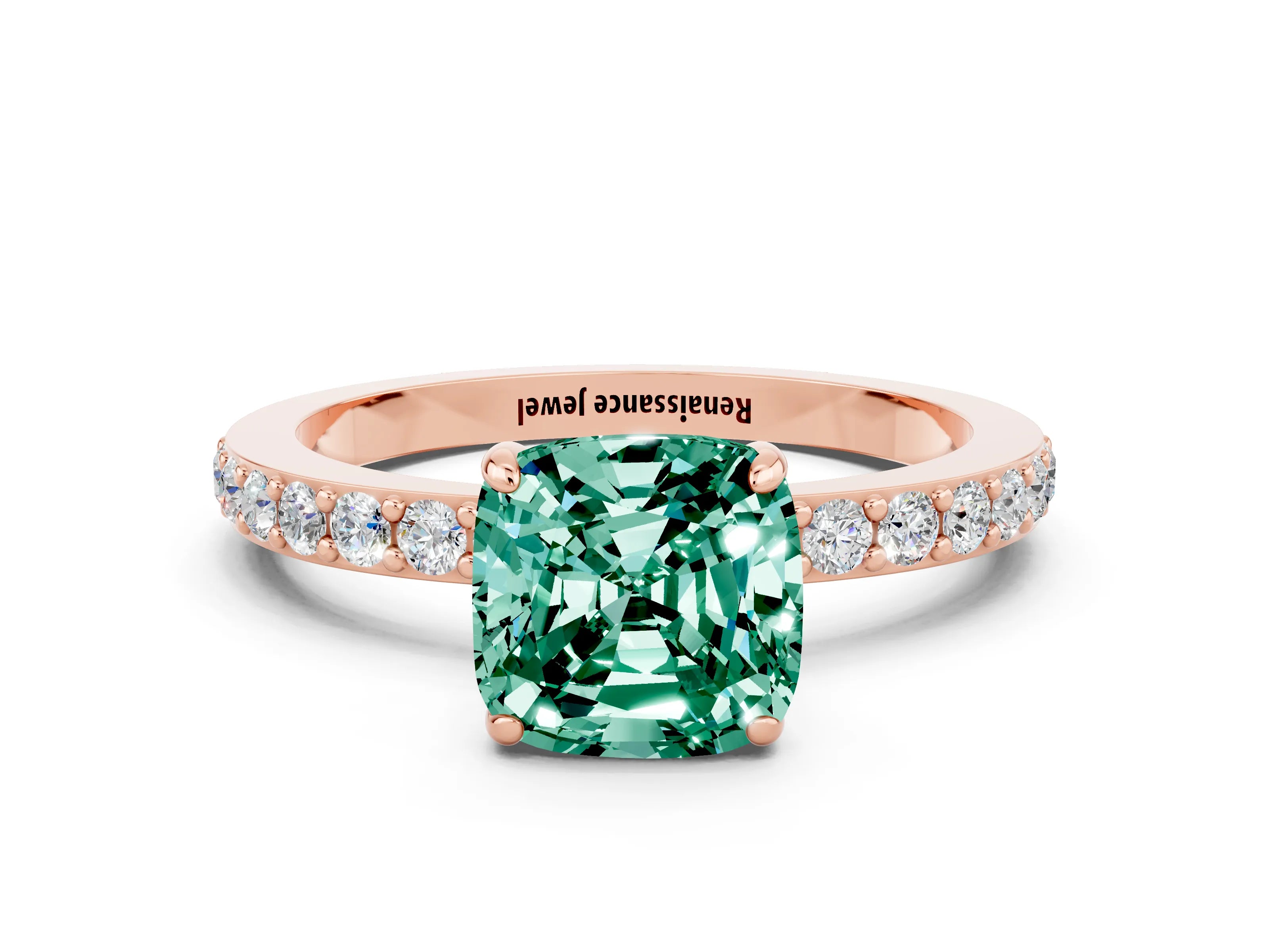 Rose gold Cushion Cut Green Sapphire Solitaire Engagement Ring with Pavé Band and Four-Prong Setting