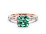 Rose gold Cushion Cut Green Sapphire Solitaire Engagement Ring with Pavé Band and Four-Prong Setting