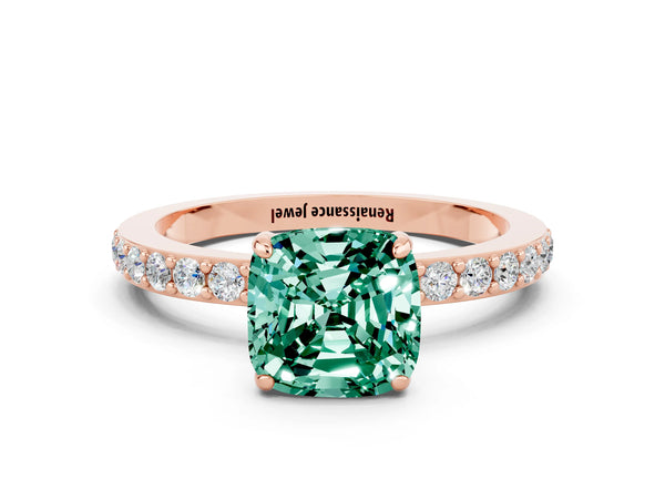 Rose gold Cushion Cut Green Sapphire Solitaire Engagement Ring with Pavé Band and Four-Prong Setting
