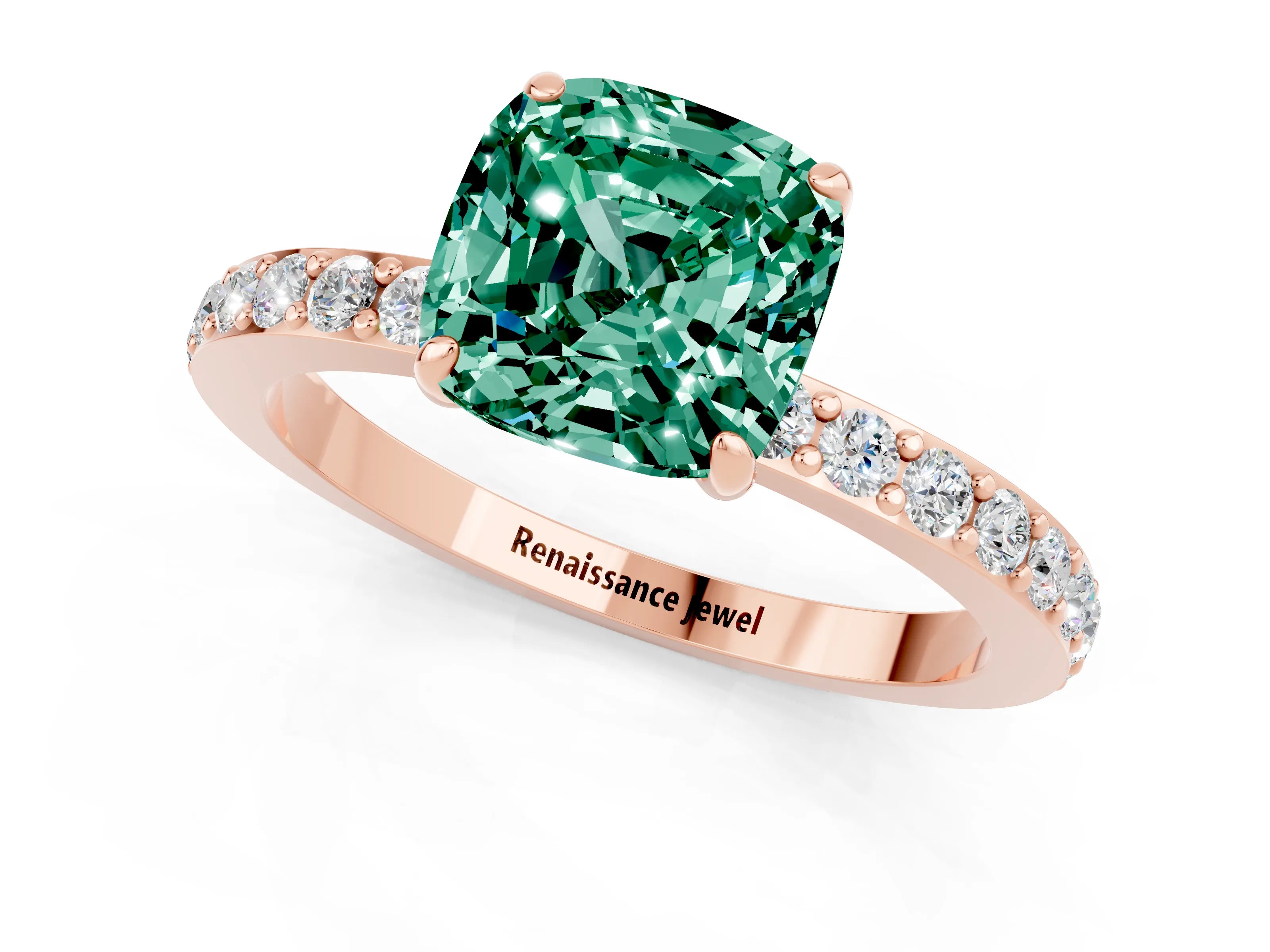 Rose gold Cushion Cut Green Sapphire Solitaire Engagement Ring with Pavé Band and Four-Prong Setting_1