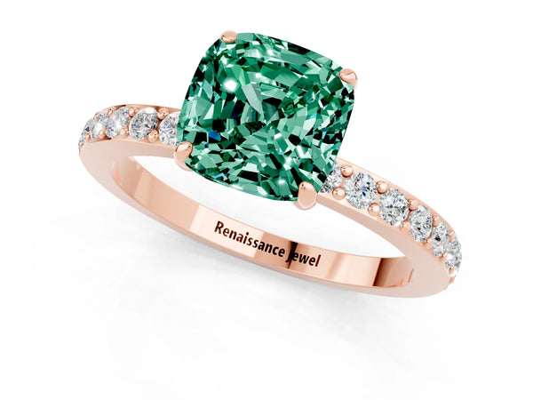 Rose gold Cushion Cut Green Sapphire Solitaire Engagement Ring with Pavé Band and Four-Prong Setting