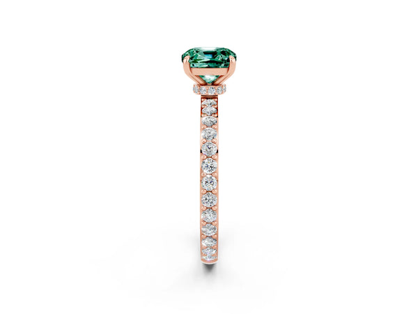 Rose gold Cushion Cut Green Sapphire Solitaire Engagement Ring with Pavé Band and Four-Prong Setting