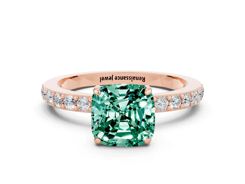 Rose gold Cushion Cut Green Sapphire Solitaire Engagement Ring with Pavé Band and Four-Prong Setting