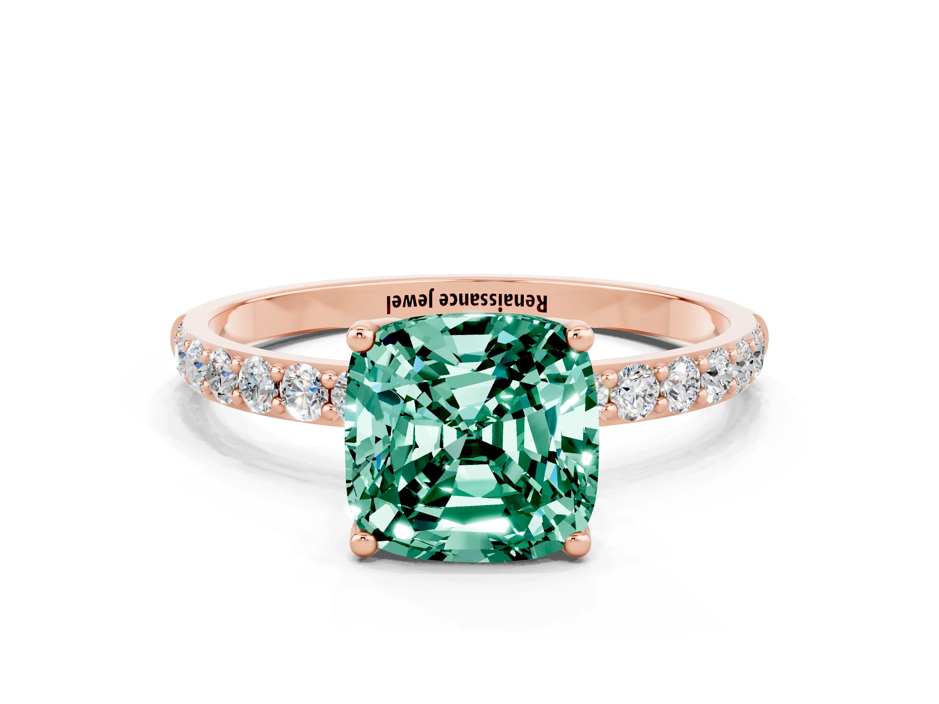 Rose gold Cushion Cut Green Sapphire Solitaire Engagement Ring with Pavé Band and Prong Setting