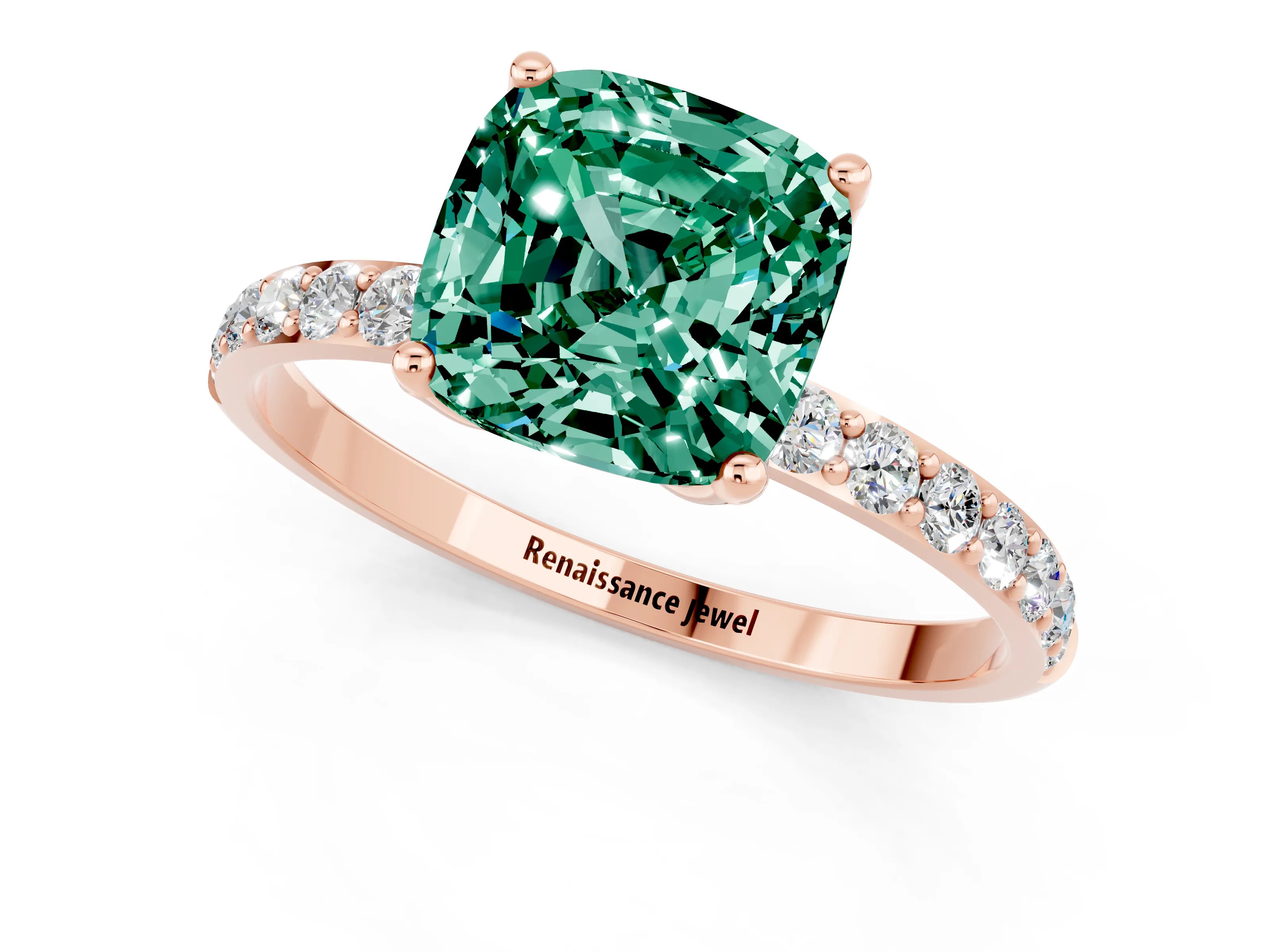 Rose gold Cushion Cut Green Sapphire Solitaire Engagement Ring with Pavé Band and Prong Setting_1