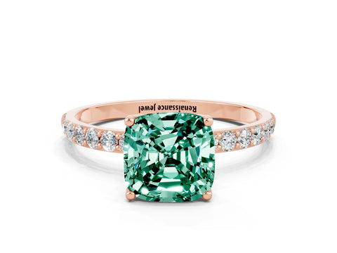 Rose gold Cushion Cut Green Sapphire Solitaire Engagement Ring with Pavé Band and Prong Setting