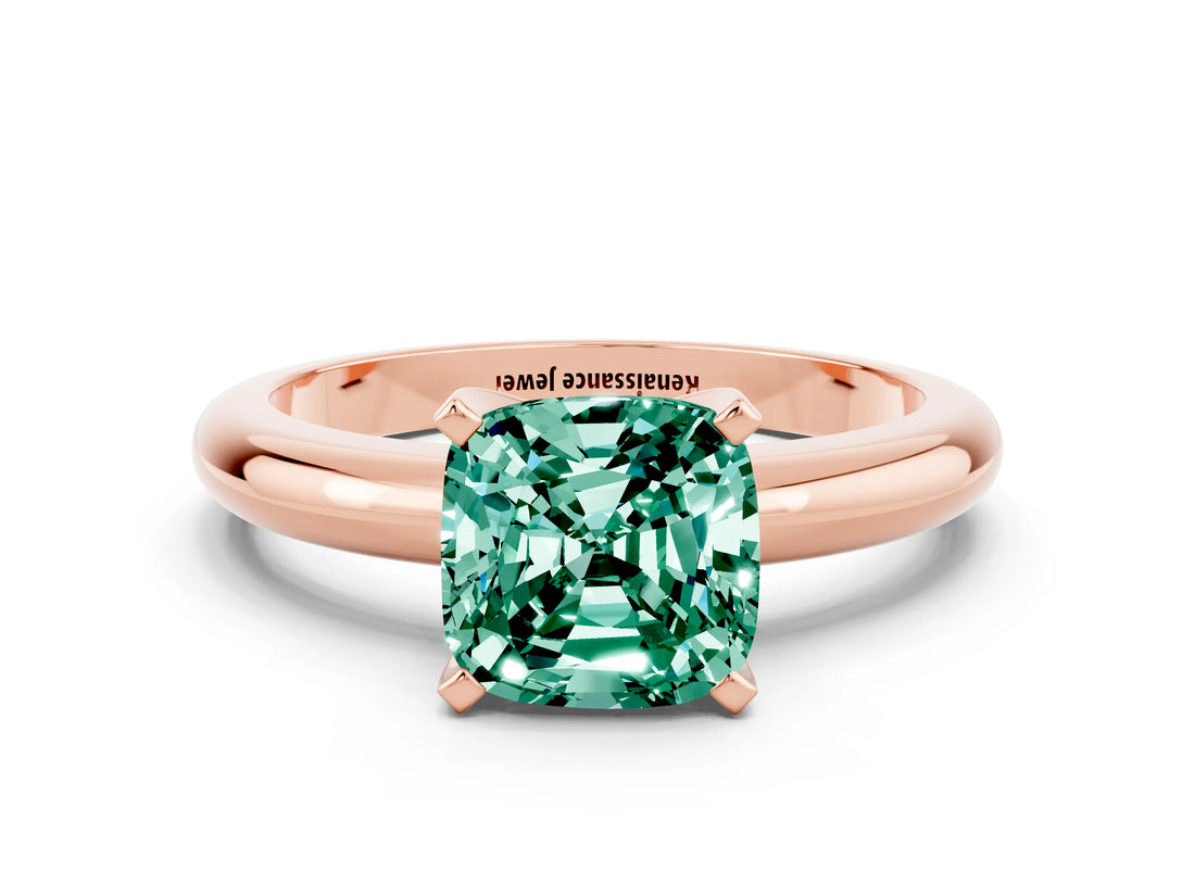 Rose gold Cushion Cut Green Sapphire Solitaire Engagement Ring with Round Band and Four-Prong Setting