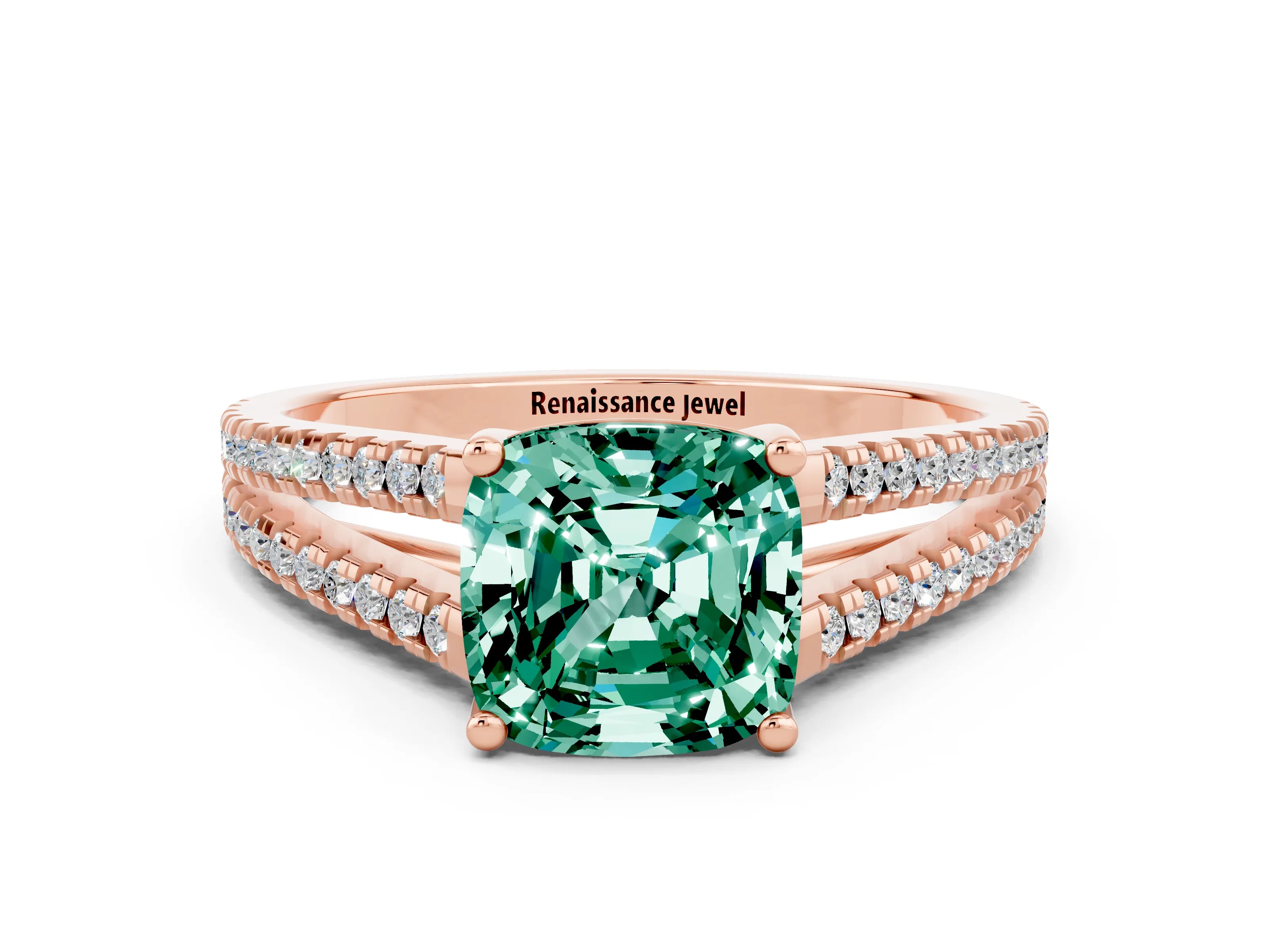 Rose gold Cushion Cut Green Sapphire Solitaire Engagement Ring with Split Shank Pavé Band