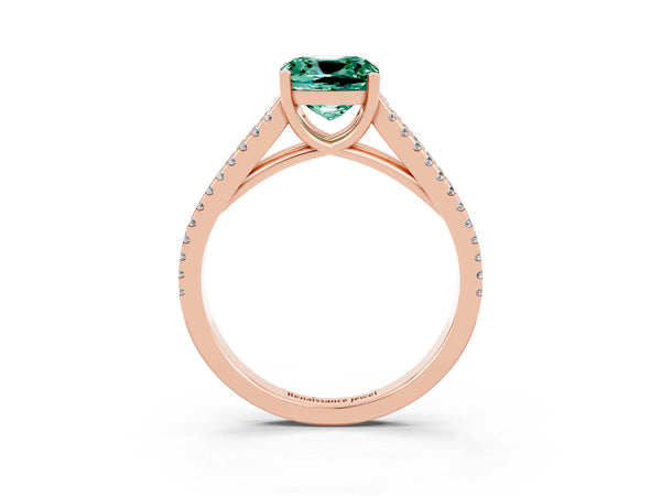 Rose gold Cushion Cut Green Sapphire Solitaire Engagement Ring with Split Shank Pavé Band