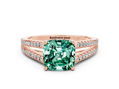 Rose gold Cushion Cut Green Sapphire Solitaire Engagement Ring with Split Shank Pavé Band