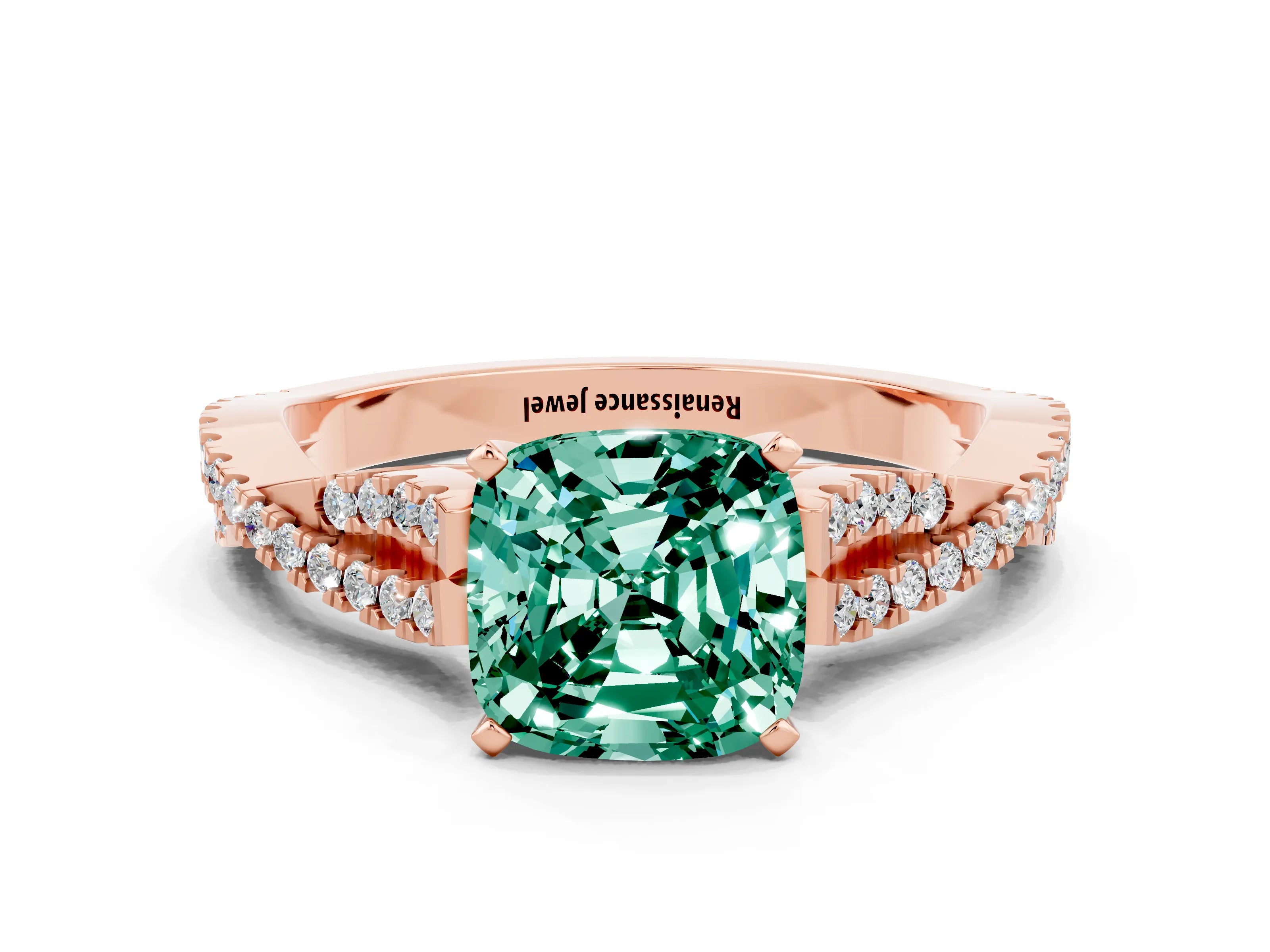 Rose gold Cushion Cut Green Sapphire Solitaire Engagement Ring with Twisted Pavé Band and Four-Prong Setting_12