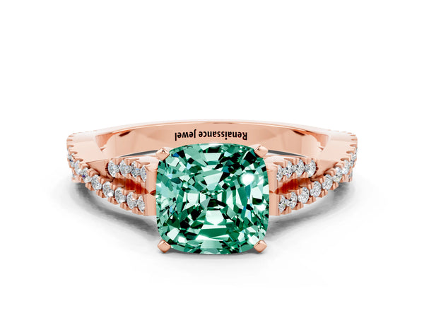 Rose gold Cushion Cut Green Sapphire Solitaire Engagement Ring with Twisted Pavé Band and Four-Prong Setting