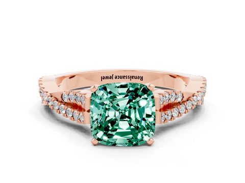 Rose gold Cushion Cut Green Sapphire Solitaire Engagement Ring with Twisted Pavé Band and Four-Prong Setting_12