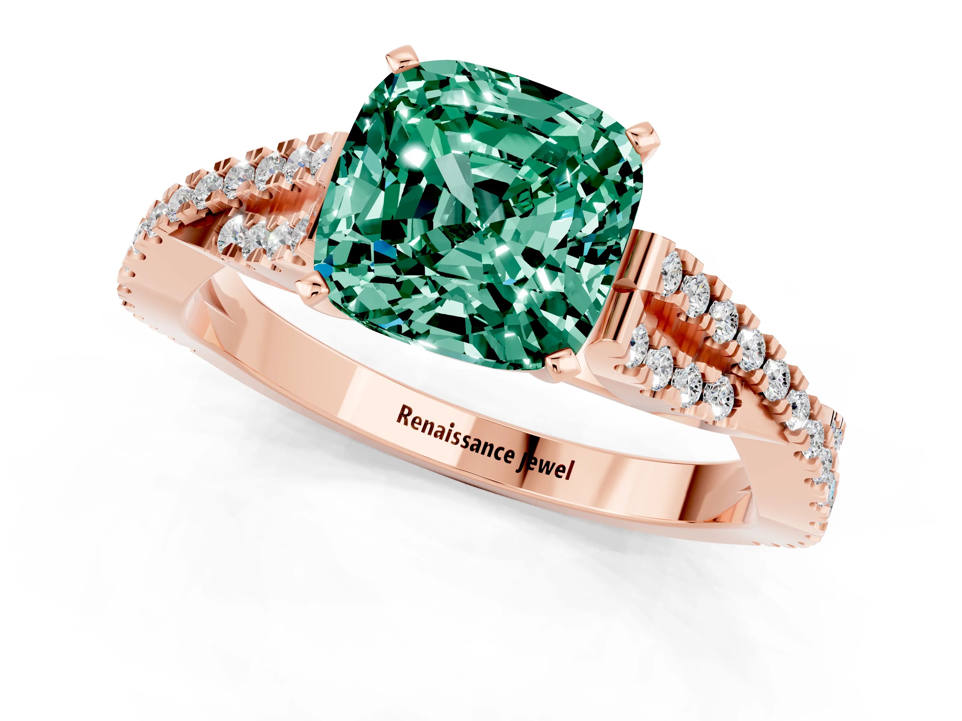 Rose gold Cushion Cut Green Sapphire Solitaire Engagement Ring with Twisted Pavé Band and Four-Prong Setting_13