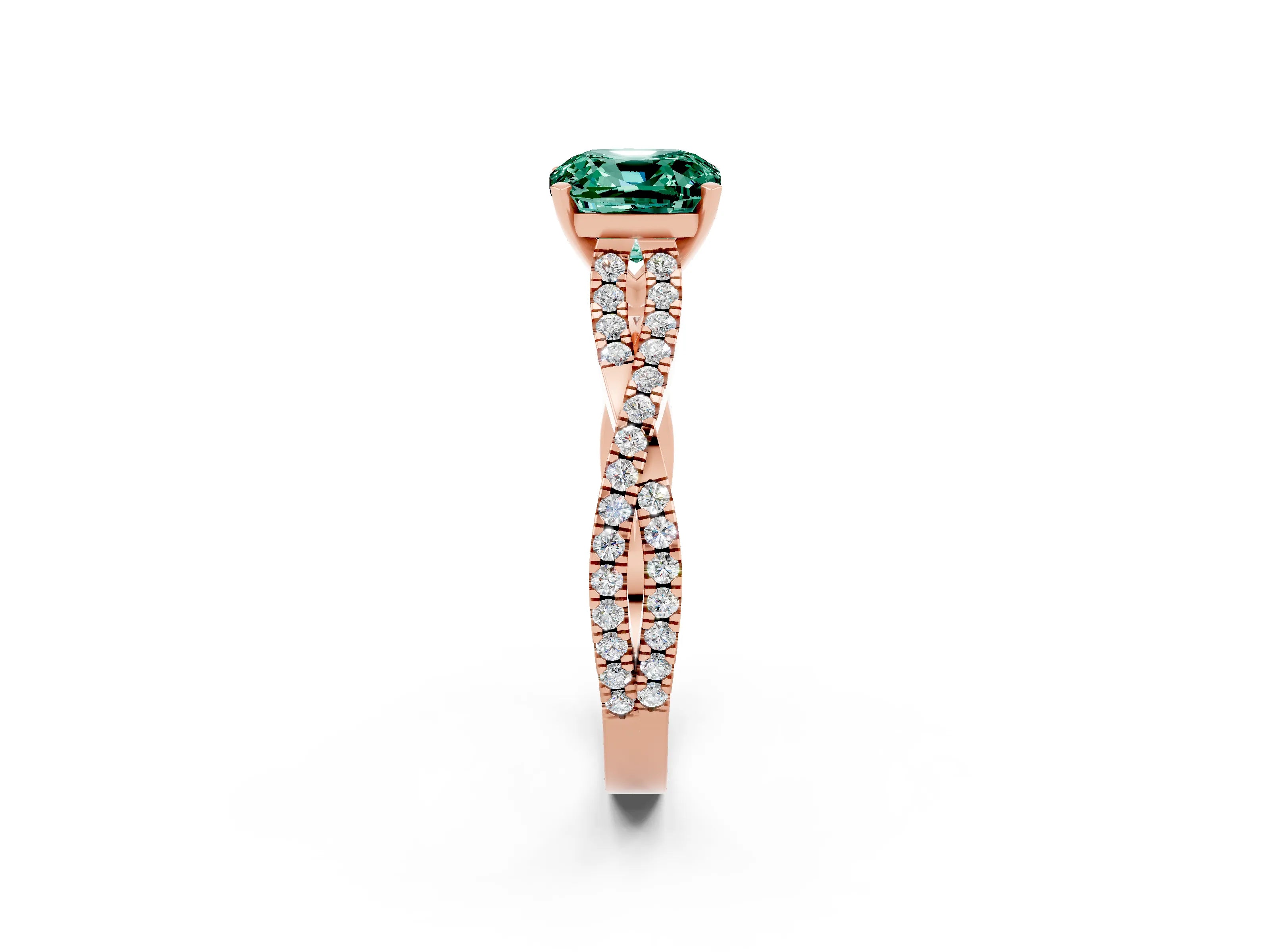 Rose gold Cushion Cut Green Sapphire Solitaire Engagement Ring with Twisted Pavé Band and Four-Prong Setting_14